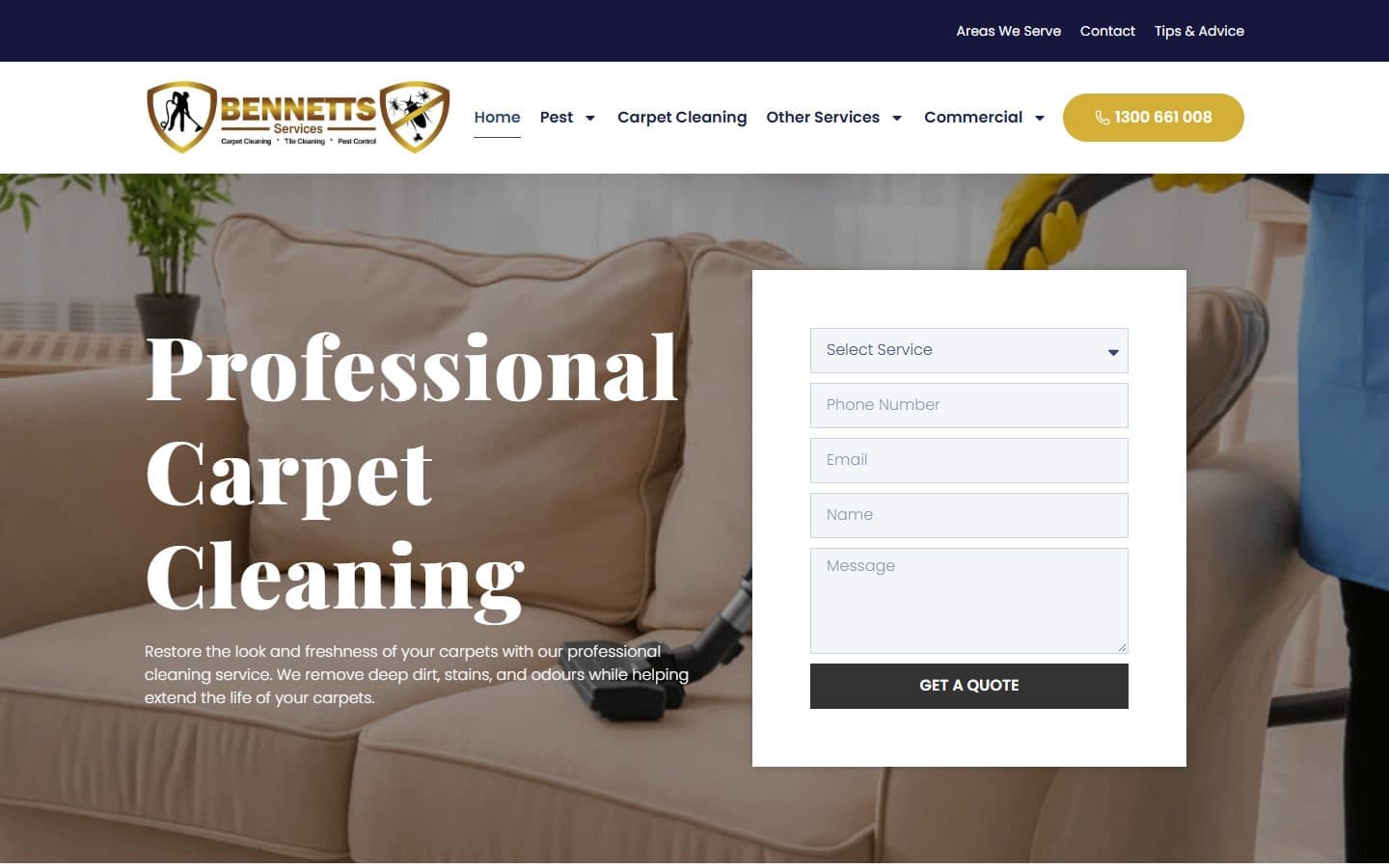 Bennetts Services homepage with a carpet cleaning hero and quote form