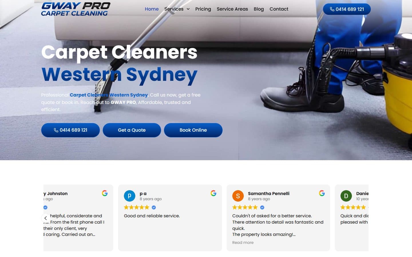 GWAY Pro homepage: carpet cleaners Western Sydney with call, quote and booking buttons