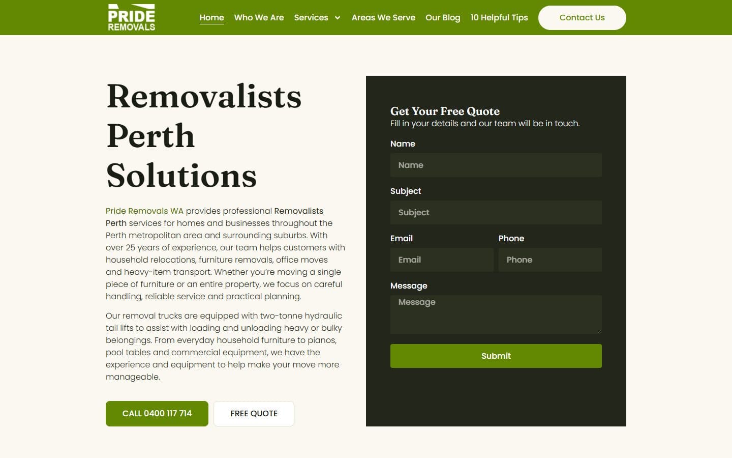 Pride Removals WA homepage: removalists Perth with a free quote form