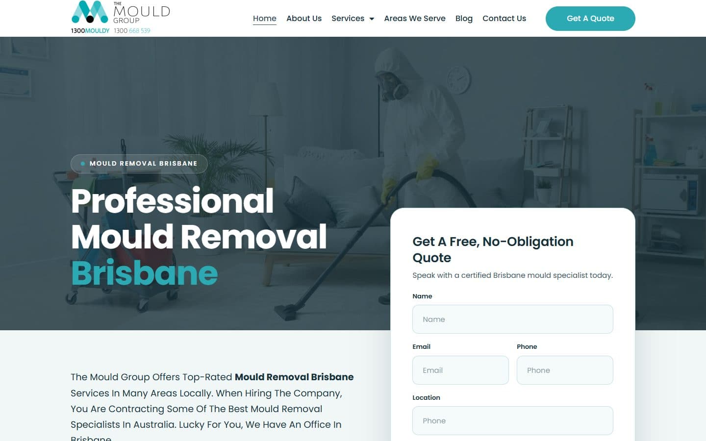 The Mould Group homepage: professional mould removal Brisbane with a free quote form