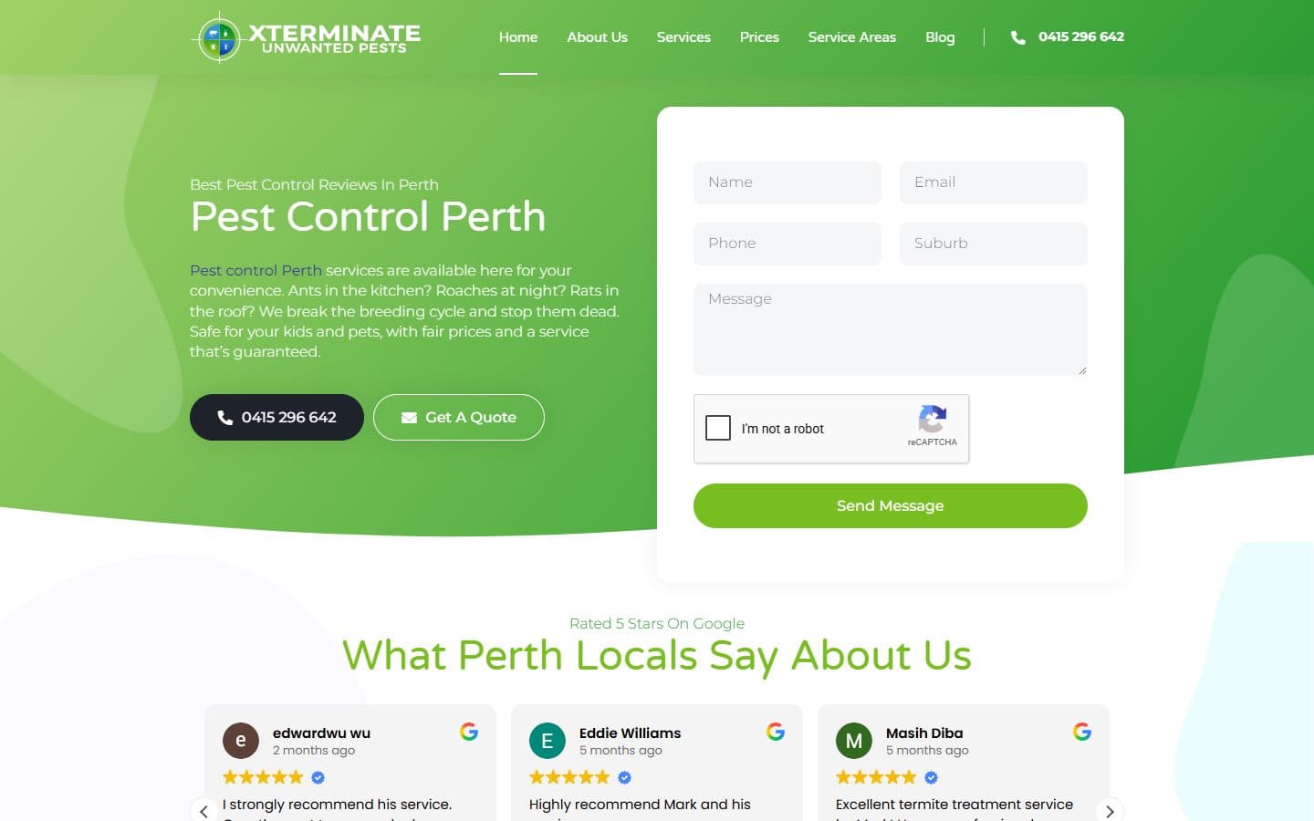 Xterminate homepage: pest control Perth with a quote form and Google reviews